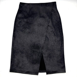 Free People Whitney Black Poly Blend Faux Suede Wrap Front Pencil Skirt S 26x24"